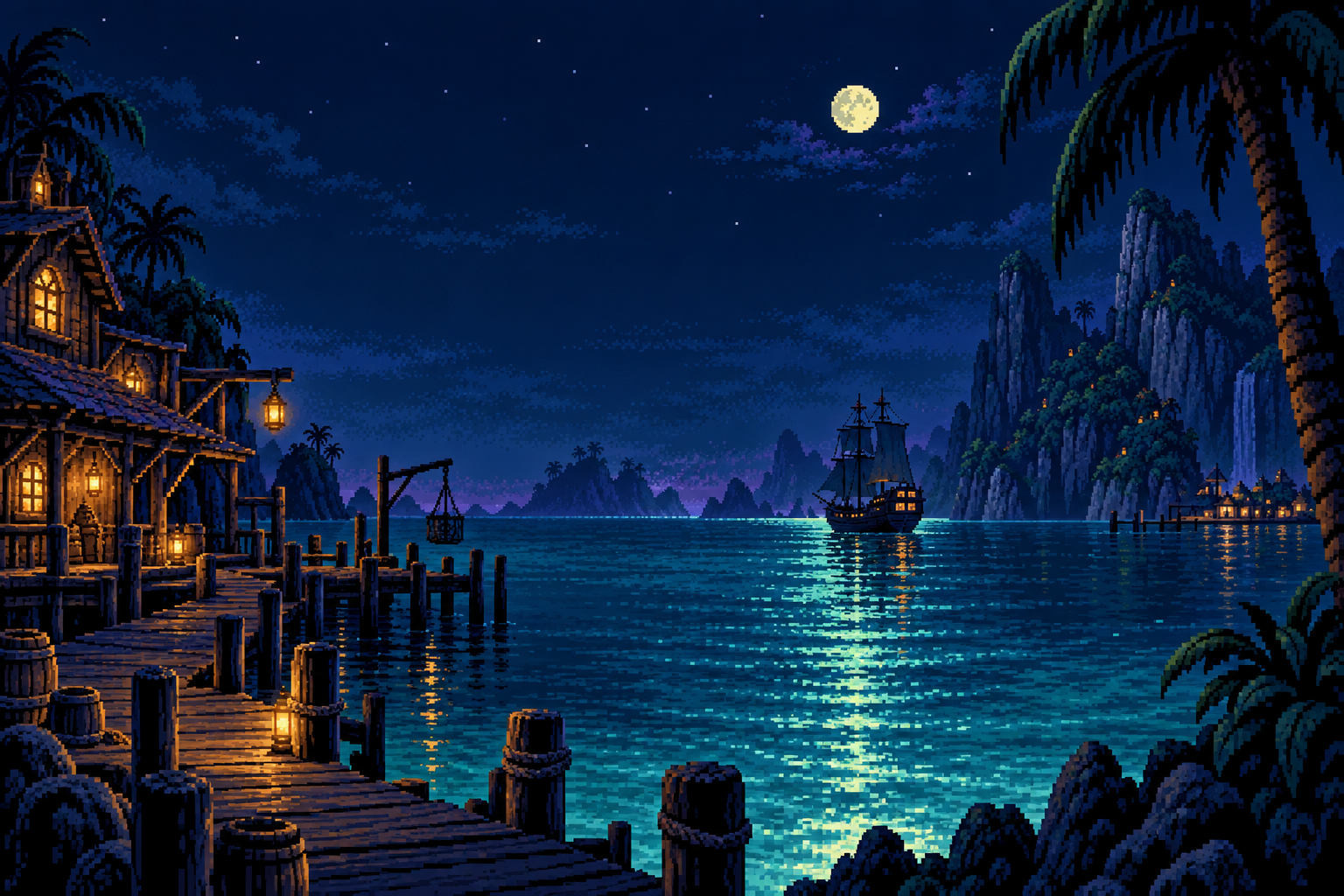 Pixel-art harbor at night, with lantern-lit houses, a wooden pier and a sailboat under the moon.